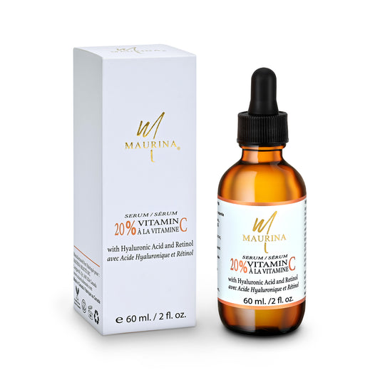 Face Serum Maurina 20% Vitamin c with hyaluronic acid and retinol, 60 ml dropper bottle, wth ingredients listed on label, promoting bright and youthful skin and moisturizer 